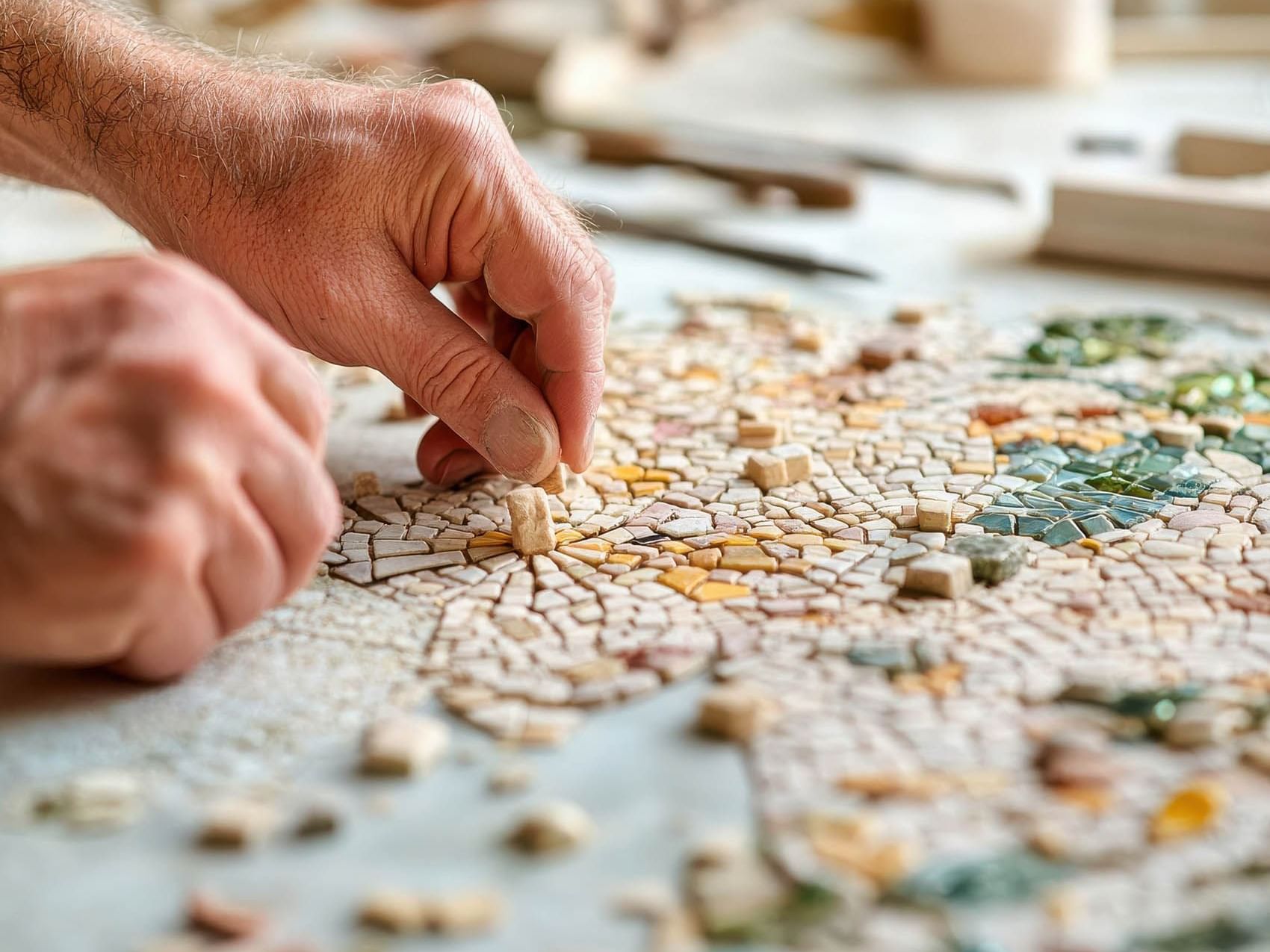Close-up of man working on a project featuring the Mosaic and ceramic workshop at The Independent