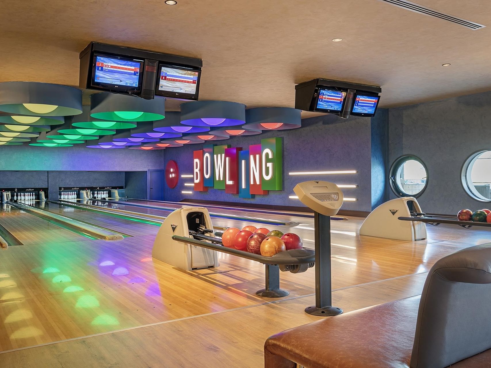 Wooden finished bowling area in Game Center at Titanic Deluxe Lara
