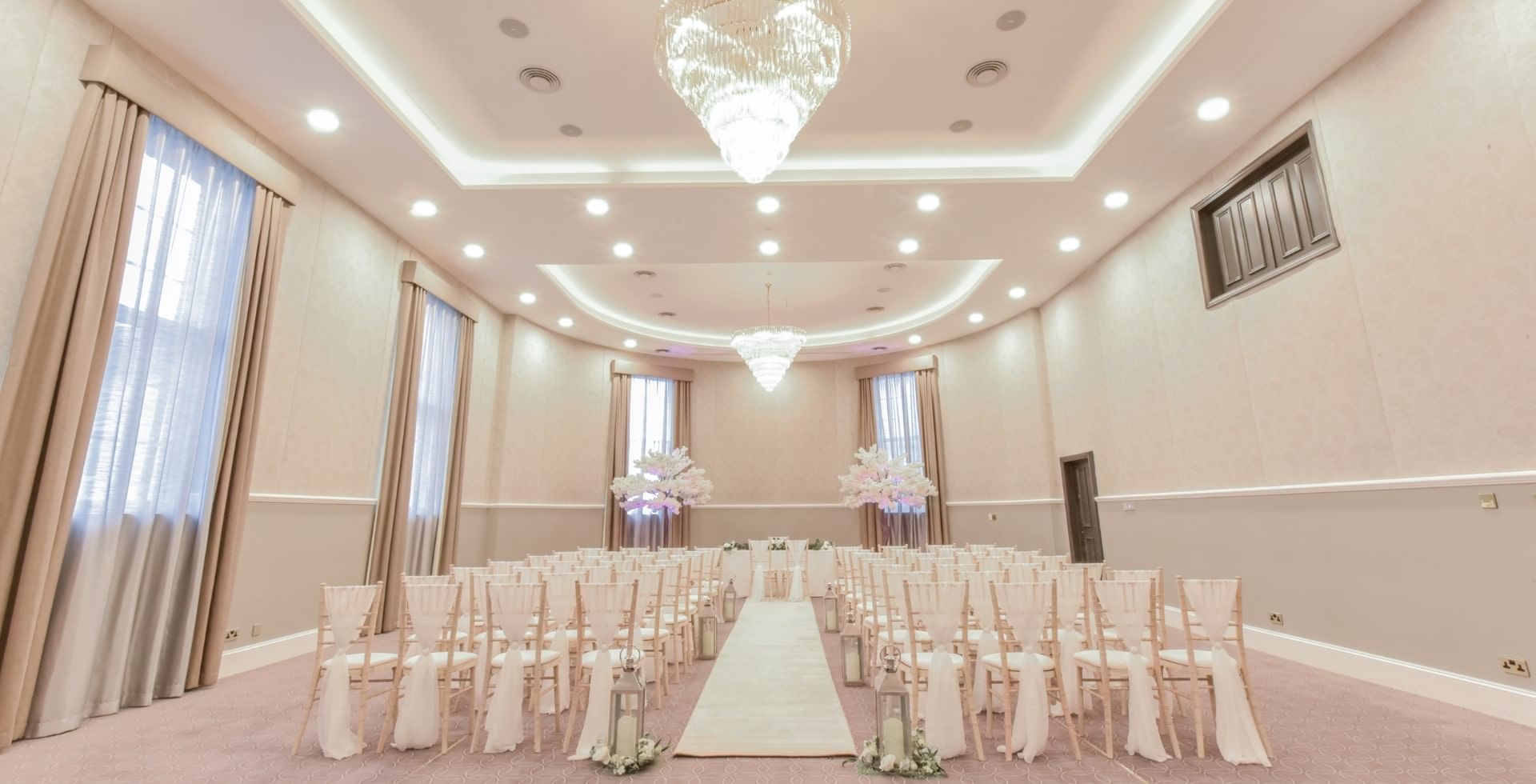 Chair arrangement in ballroom at Villiers Hotel