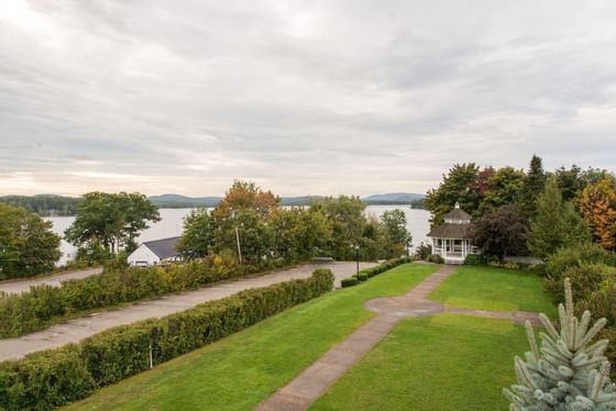 View of the courtyard & the lake from a Suite at Wolfeboro Inn