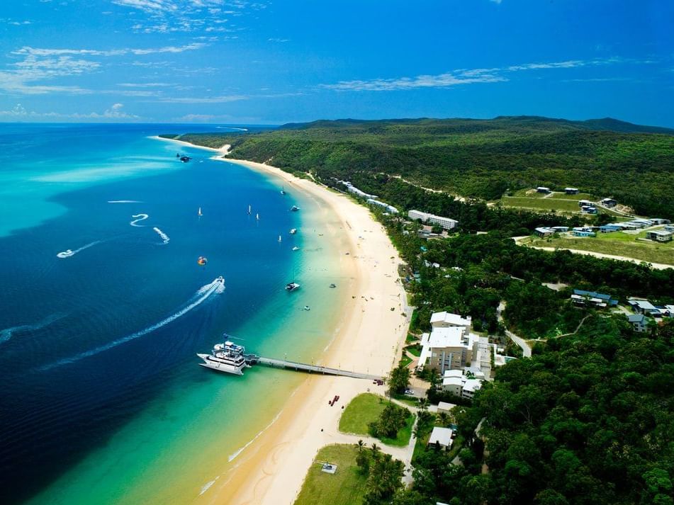 Aerial view of Tangalooma Island by the sea near Alcyone Hotel Residences