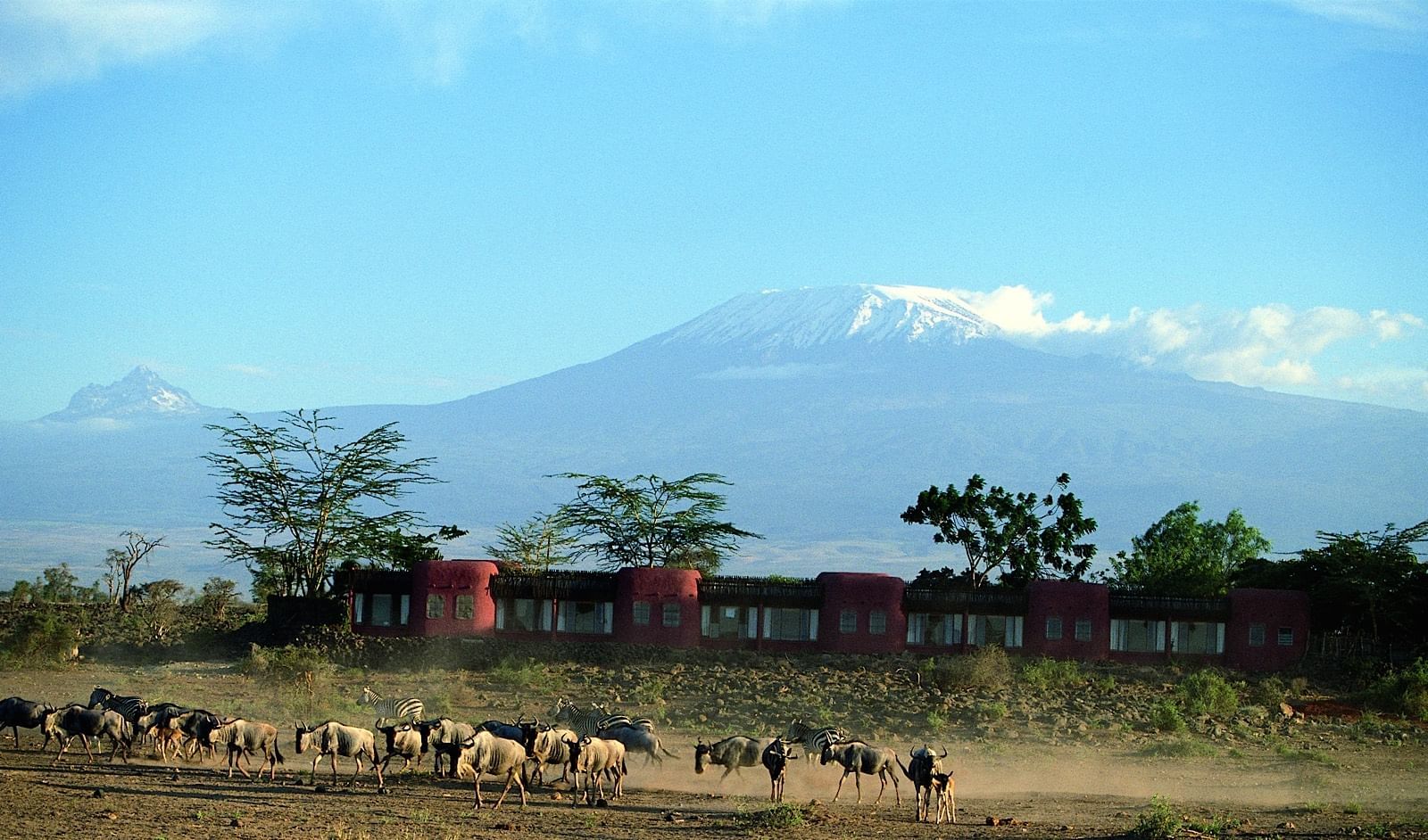 A distant view of the Hotel at Amboseli Serena Safari Lodge