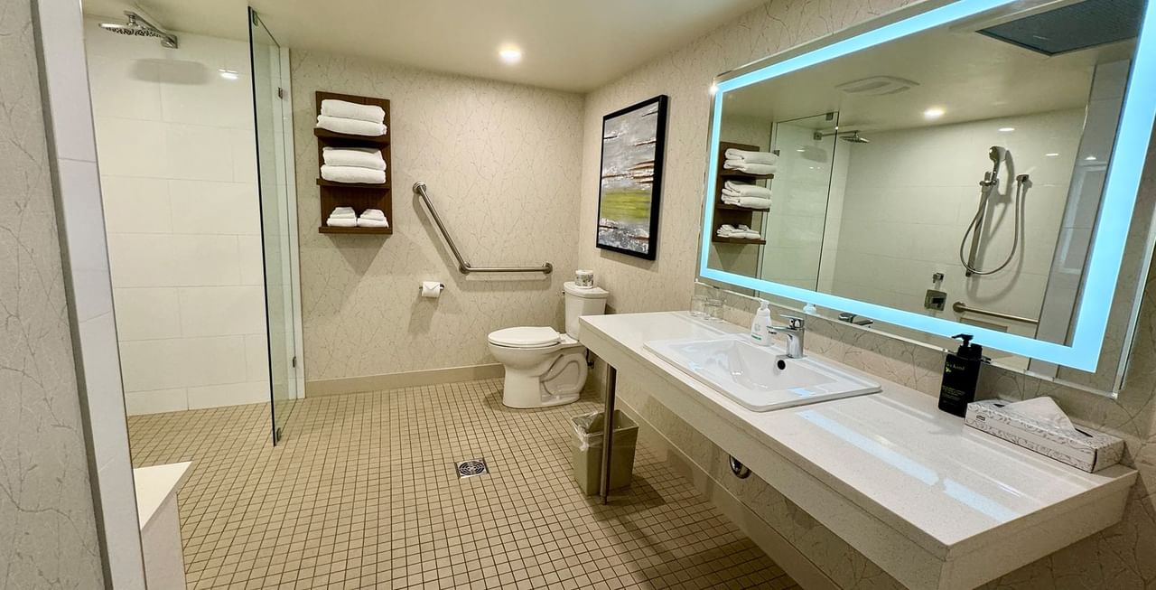 Accessible washroom with mirror, sink, roll-in shower, towels, toilet, and soap
