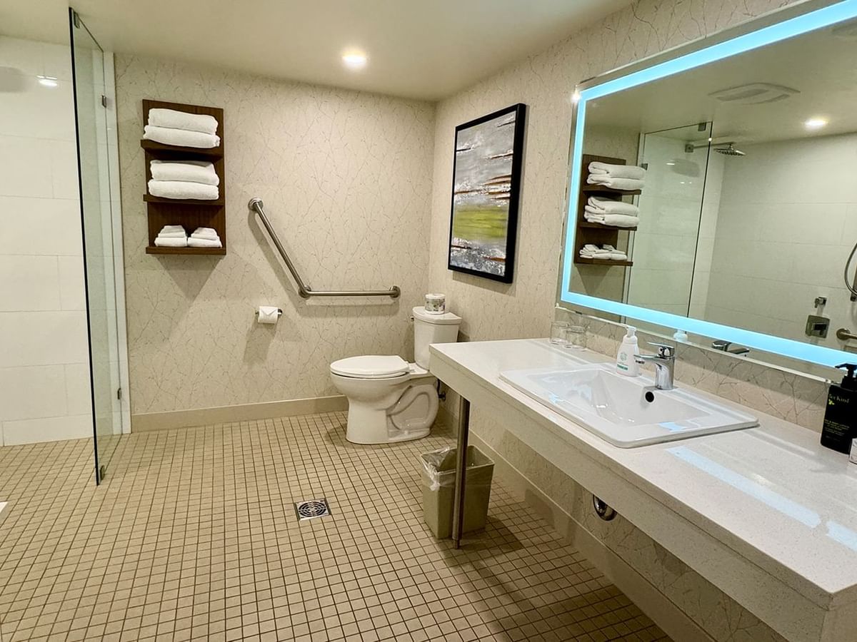Accessible washroom with mirror, sink, roll-in shower, towels, toilet, and soap