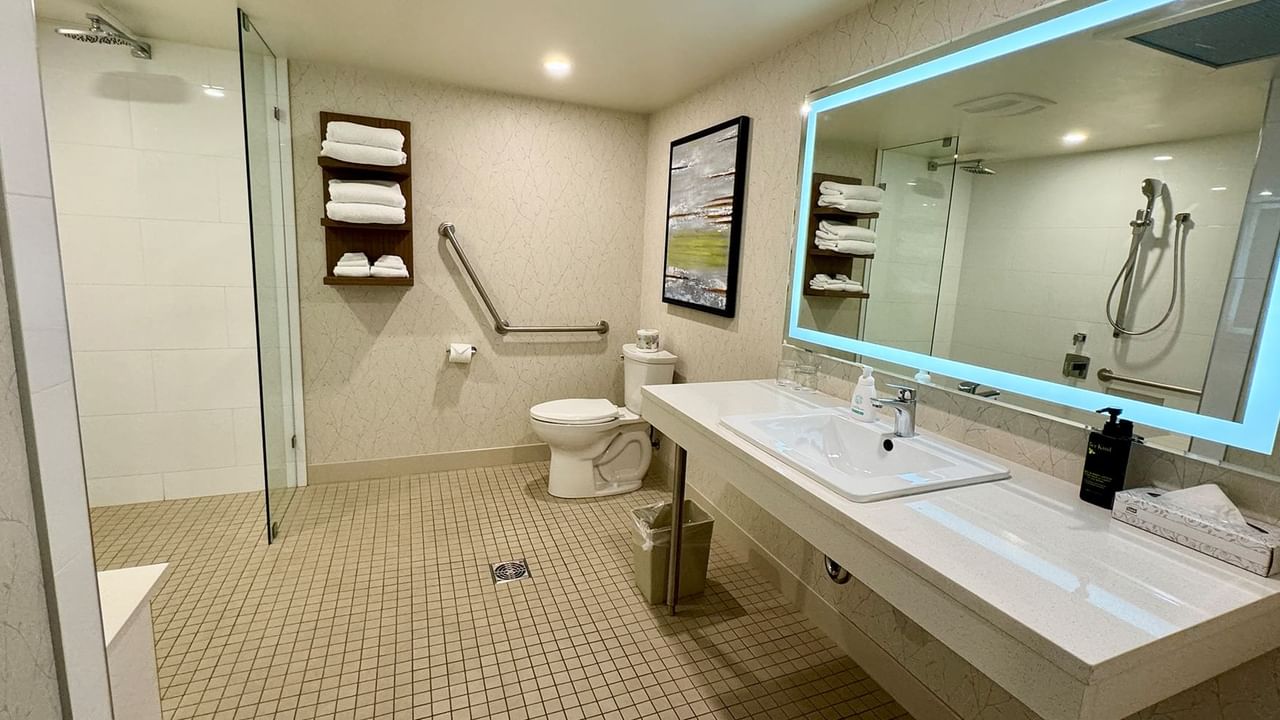 Accessible washroom with mirror, sink, roll-in shower, towels, toilet, and soap