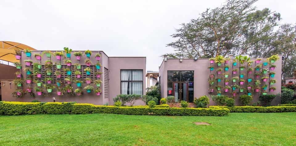 Purple hotel building with vertical garden and green lawn at Tamarind Tree Hotel.