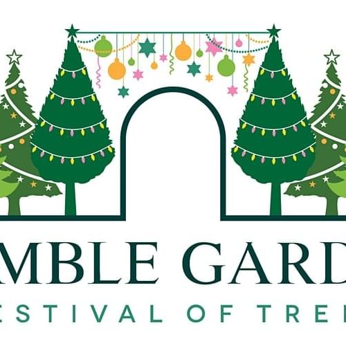 Promotional Image for the Festival Trees showing three trees on either side of a arch with ornaments over the arch