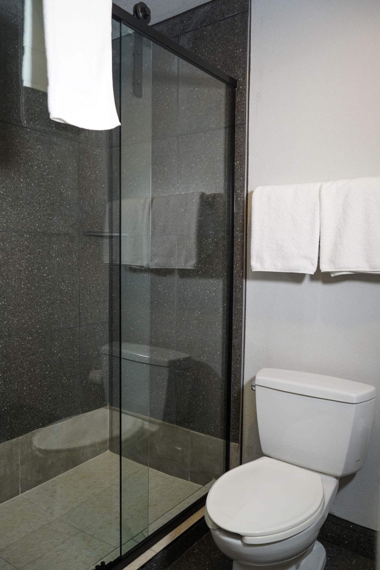 A clean bathroom with a glass-enclosed shower, white toilet, and gray tiles.