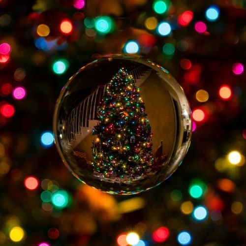 A lit Christmas tree reflected in an ornament against twinkling Christmas lights, like at the Festival of Trees. 