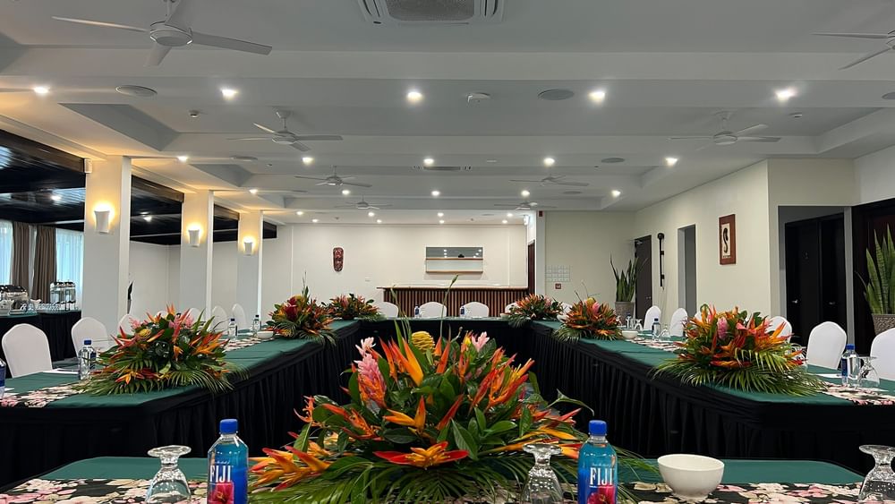 Large event room with tropical decor at Talei Meeting Room, Tokatoka Resort, Nadi.