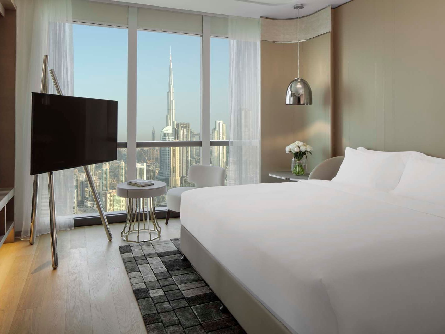 Bed in Silver Screen Suite with city view at Paramount Hotel Dubai