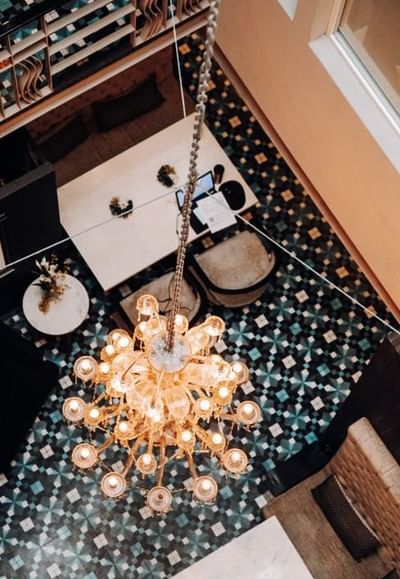 High angle view of the lobby lounge at Casa Mali by Dominion