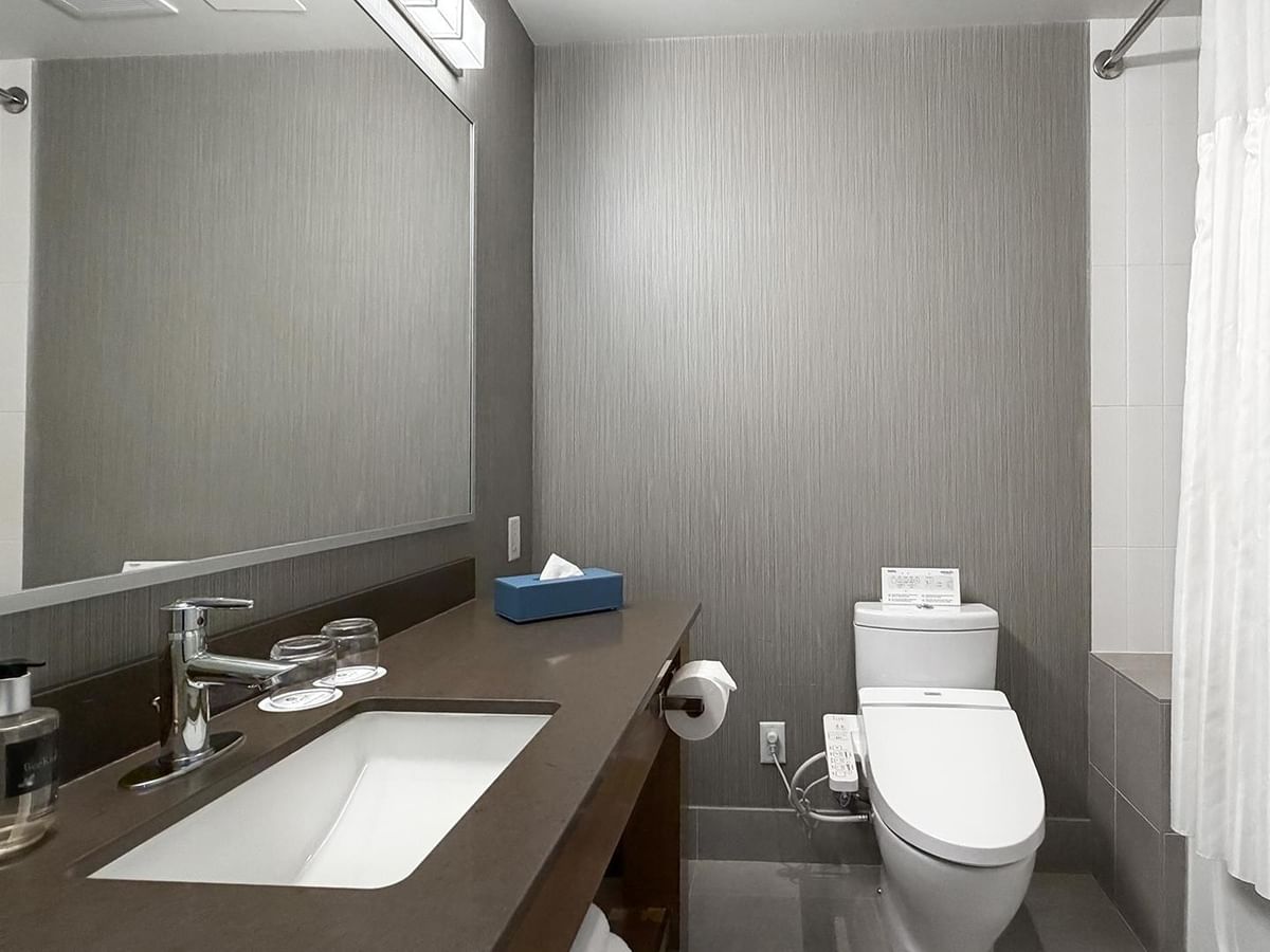 Modern bathroom with a large sink, toilet, and shower.