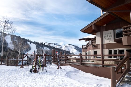 A wooden lodge with skis and poles in Stein Eriksen Lodge near The Chateaux Deer Valley