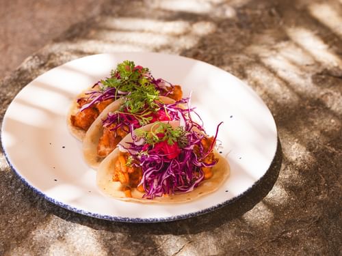 Three tacos with purple cabbage and cilantro on a white plate at Tortugas restaurant, Hacienda Del Mar Los Cabos Redesign, Cabo San Lucas.