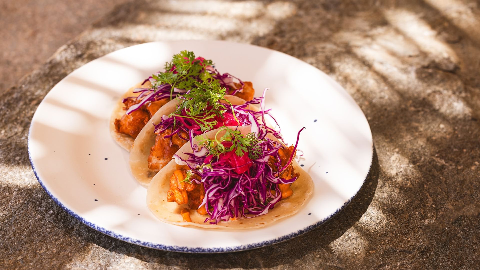 Three tacos with purple cabbage and cilantro on a white plate at Tortugas restaurant, Hacienda Del Mar Los Cabos Redesign, Cabo San Lucas.