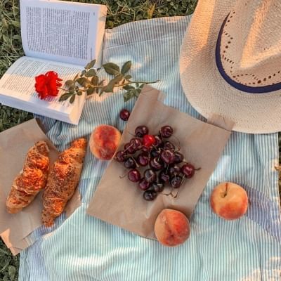 A picnic blanket on the grass with a book, a sun hat, a red rose, and a paper bag with cherries, peaches, and croissants. 