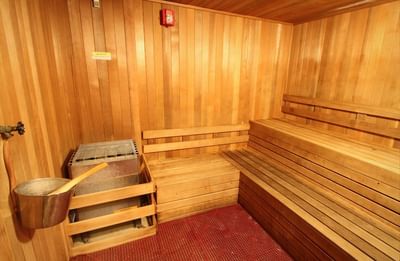 Interior of a wooden sauna featuring benches and a bucket, designed for relaxation at The Gaythering
