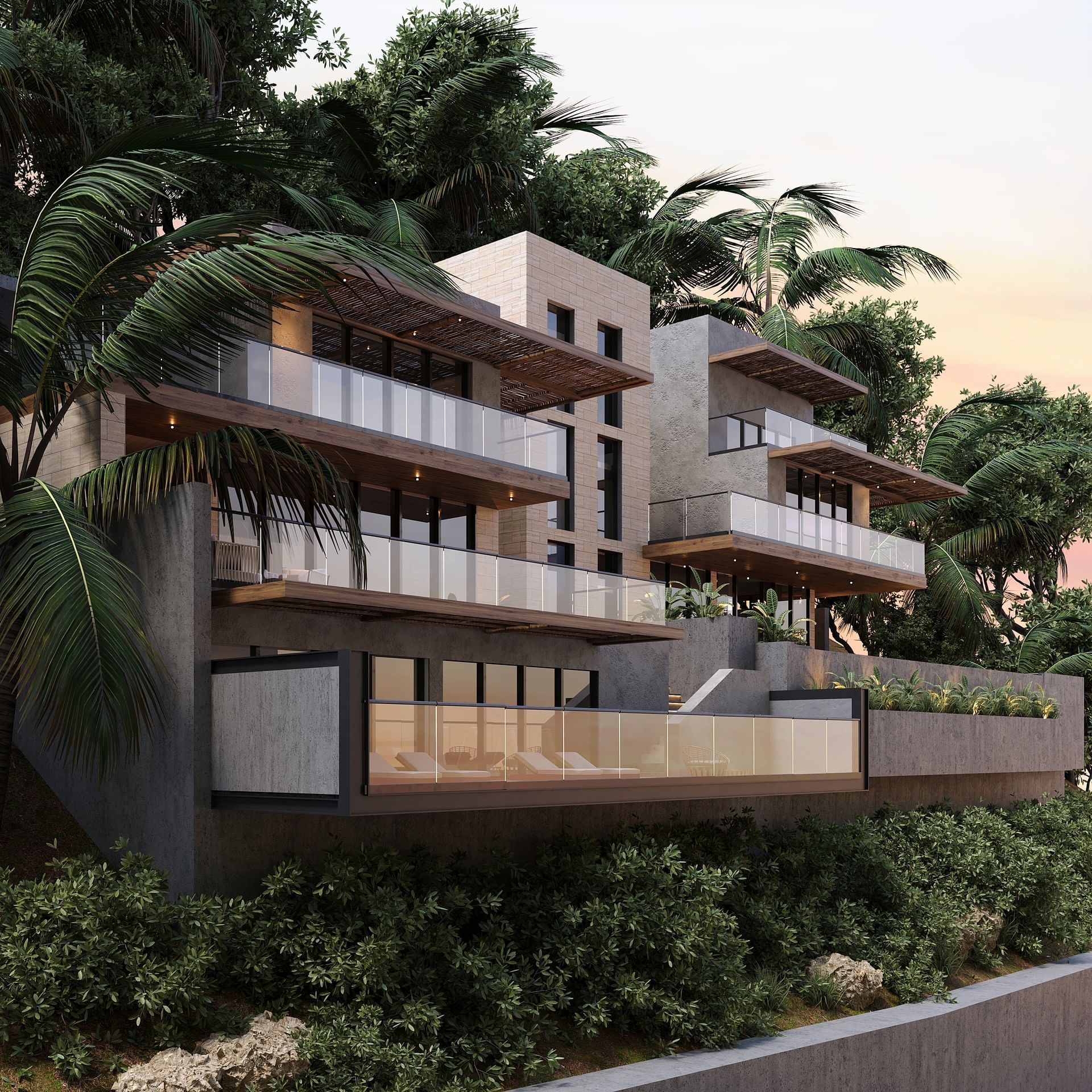 Architectural Agora Villa, with multiple floors, expansive balconies, and stunning panoramic views at A'ila Villas