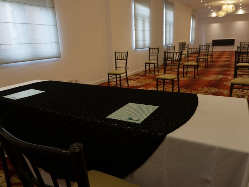 Close-up of front desk at a seminar in Rubi B at Gamma Hotels