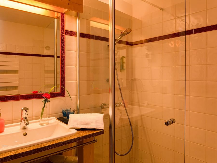 Bathroom interior in rooms at Chalet-Hotel La Ferme du Chozal