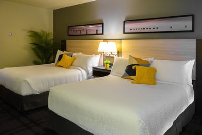 Beds with yellow accent pillows under framed pictures at Rodd Miramichi River, the best places to stay in Miramichi
