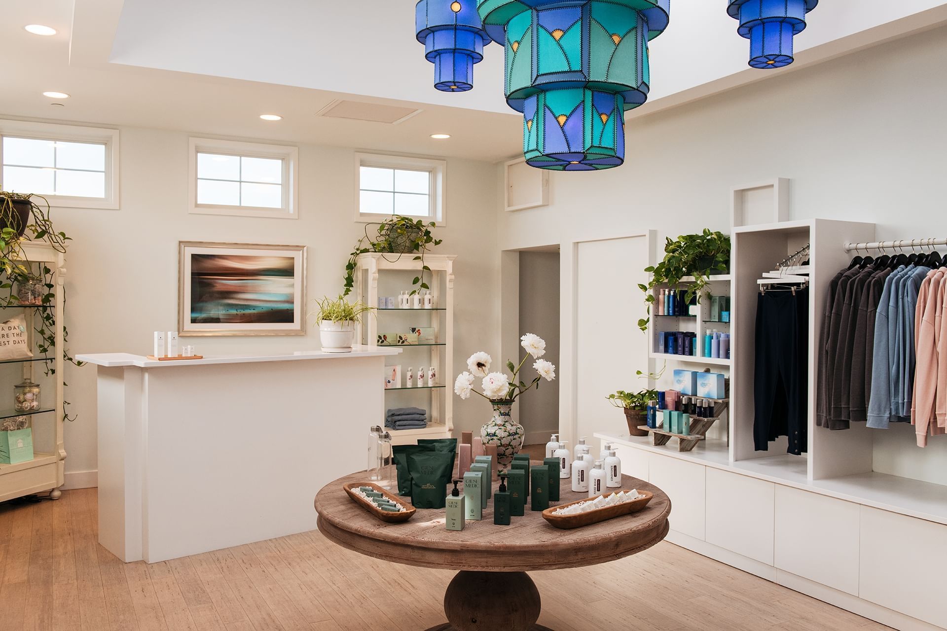 Interior of the Tower Spa Boutique with wellness products near the reception counter at Mountain View Grand Resort & Spa