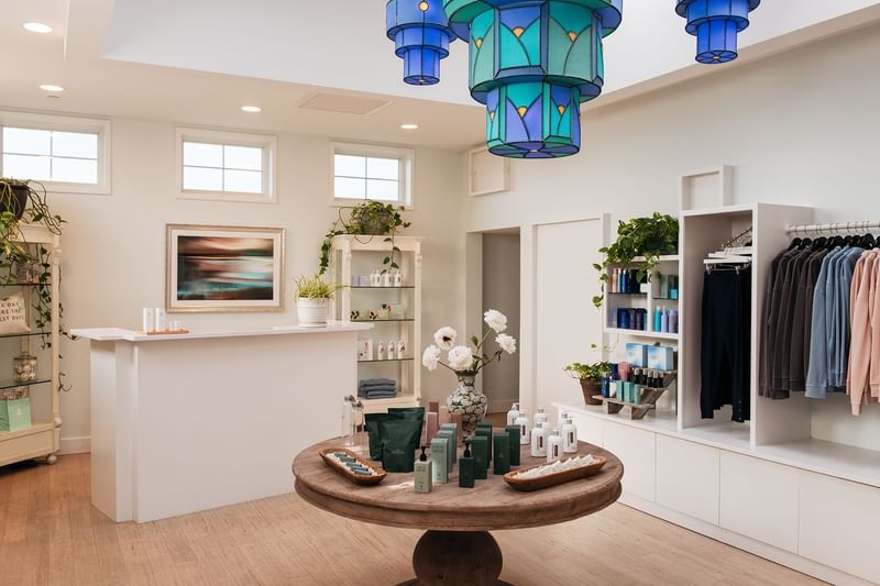 Interior of the Tower Spa Boutique with wellness products near the reception counter at Mountain View Grand Resort & Spa