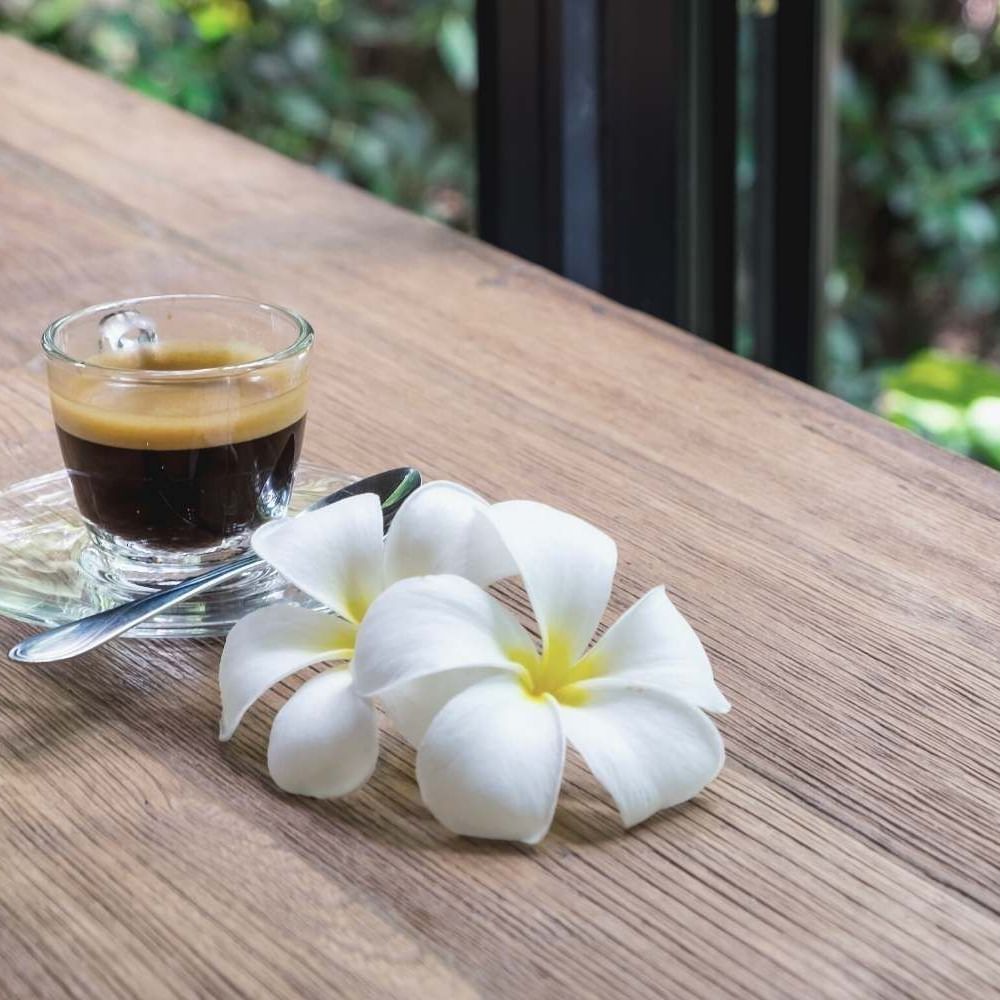 Close-up of an expresso served by fresh flowers at Waikiki Resort Hotel by Sono