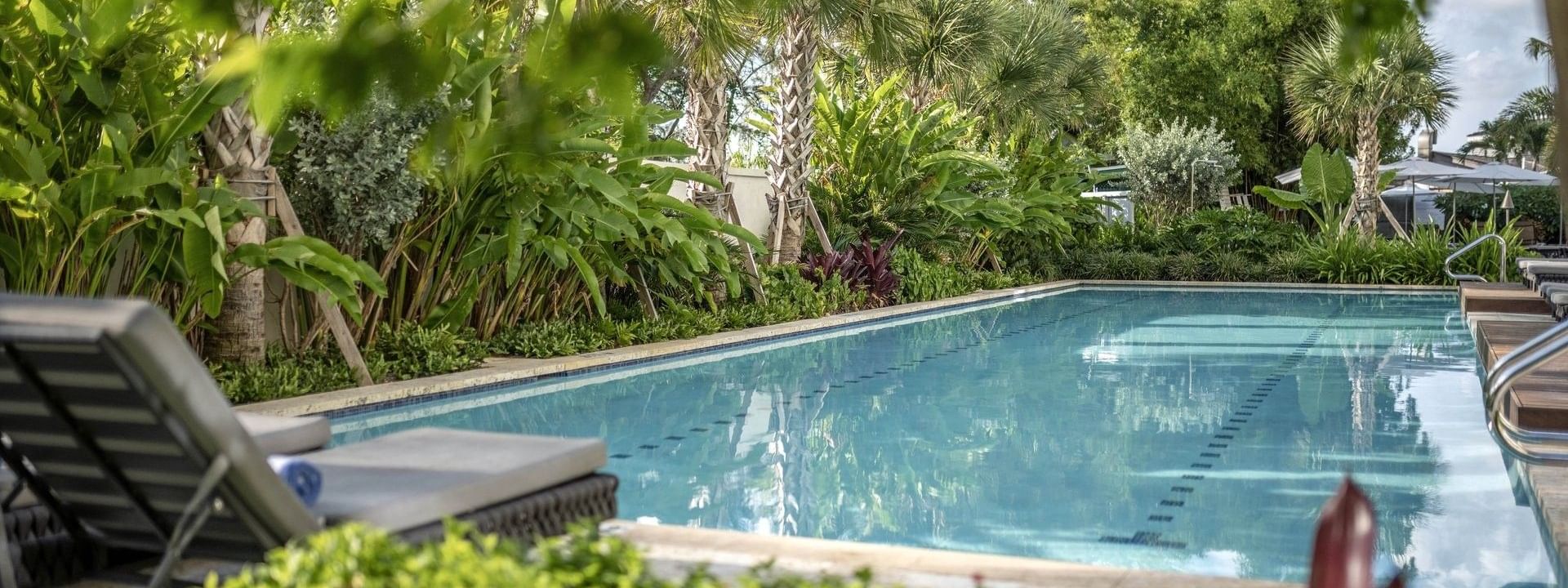 Crystal clear lap pool surrounded by lush tropical greenery and palm trees at Warwick Paradise Island Bahamas