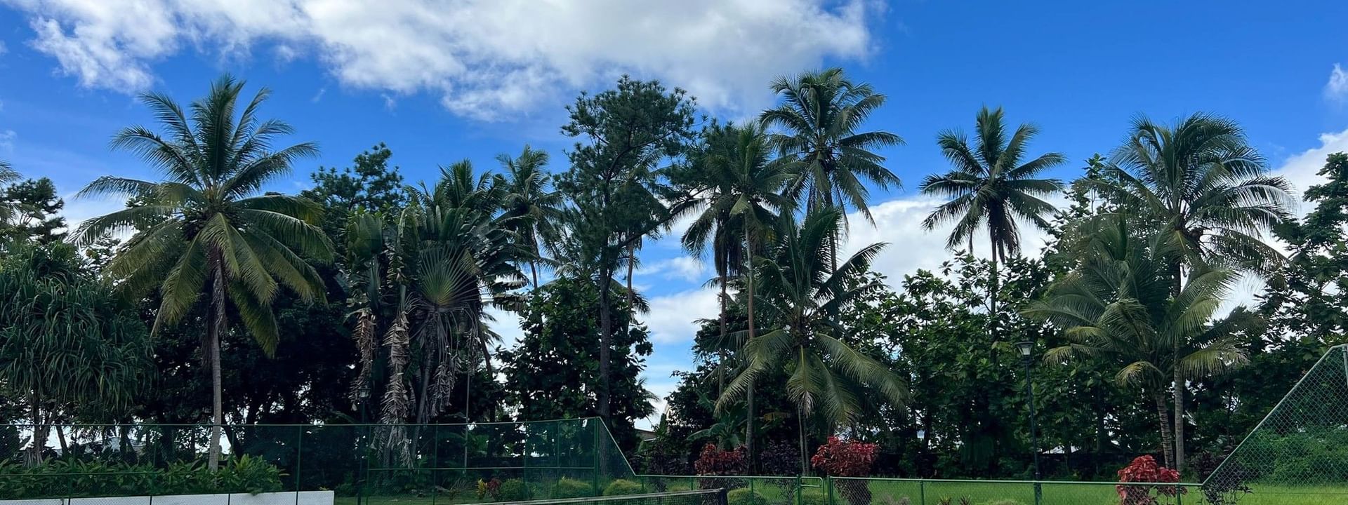 Tennis court with net and lush trees in background at The Naviti Resort in Korolevu