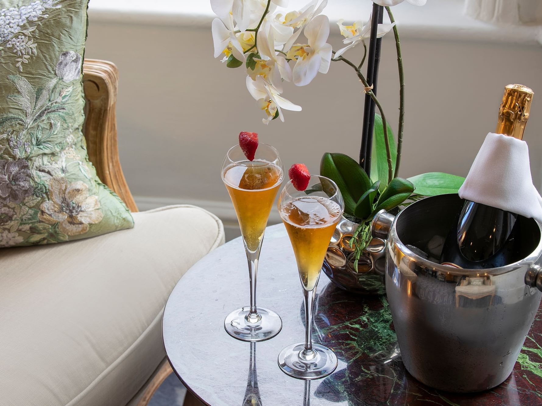 Champaign served in a room at Sloane Square Hotel