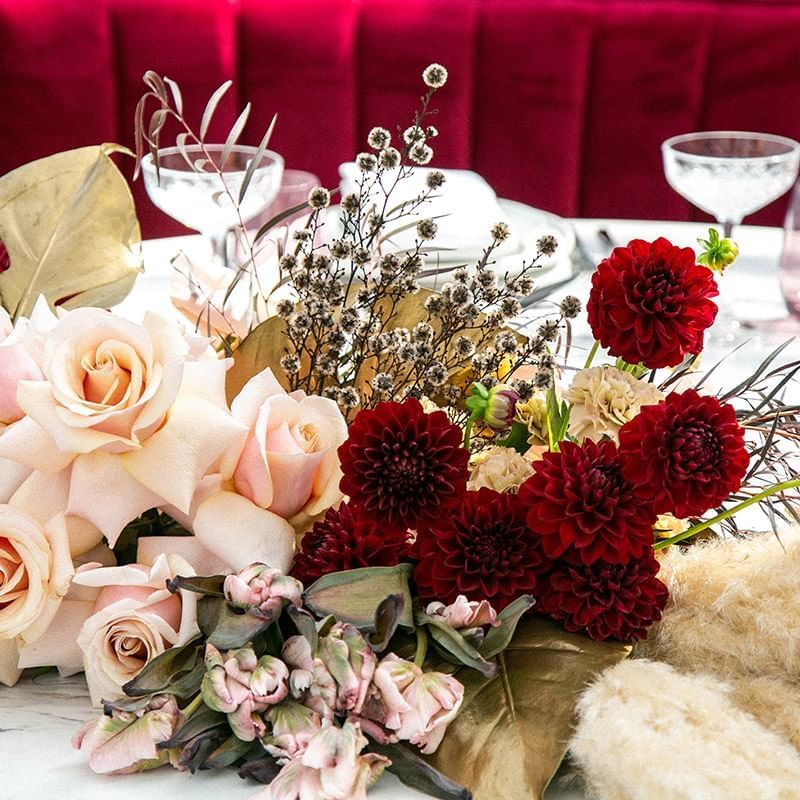 Close-up of a flower décor on a table at Crown Towers Sydney