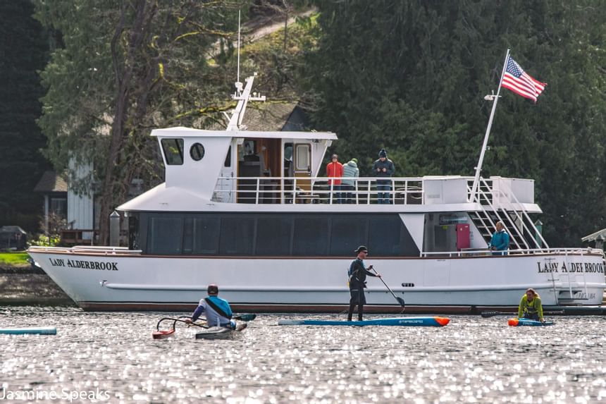 A boat at the waterfront near Alderbrook Resort & Spa