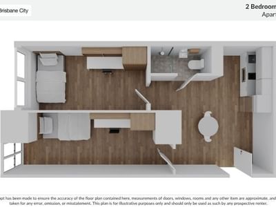 Floor plan of a 2 bedroom apartment with 42m2 at UniLodge Brisbane City.