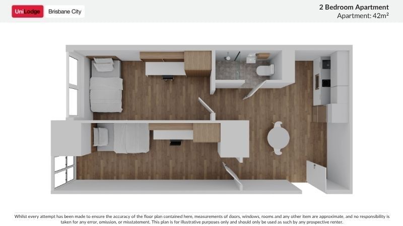 Floor plan of a 2 bedroom apartment with 42m2 at UniLodge Brisbane City.