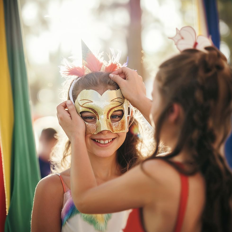 Two girls having fun with masks at a family Carnaval event.