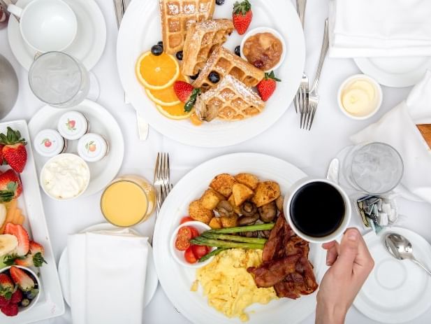 Top-down view of a breakfast table spread with waffles, fruits, and eggs served at Spencer Hotel & Conference Centre