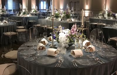 Banquet table set-up in a wedding hall at Ethan Allen Hotel
