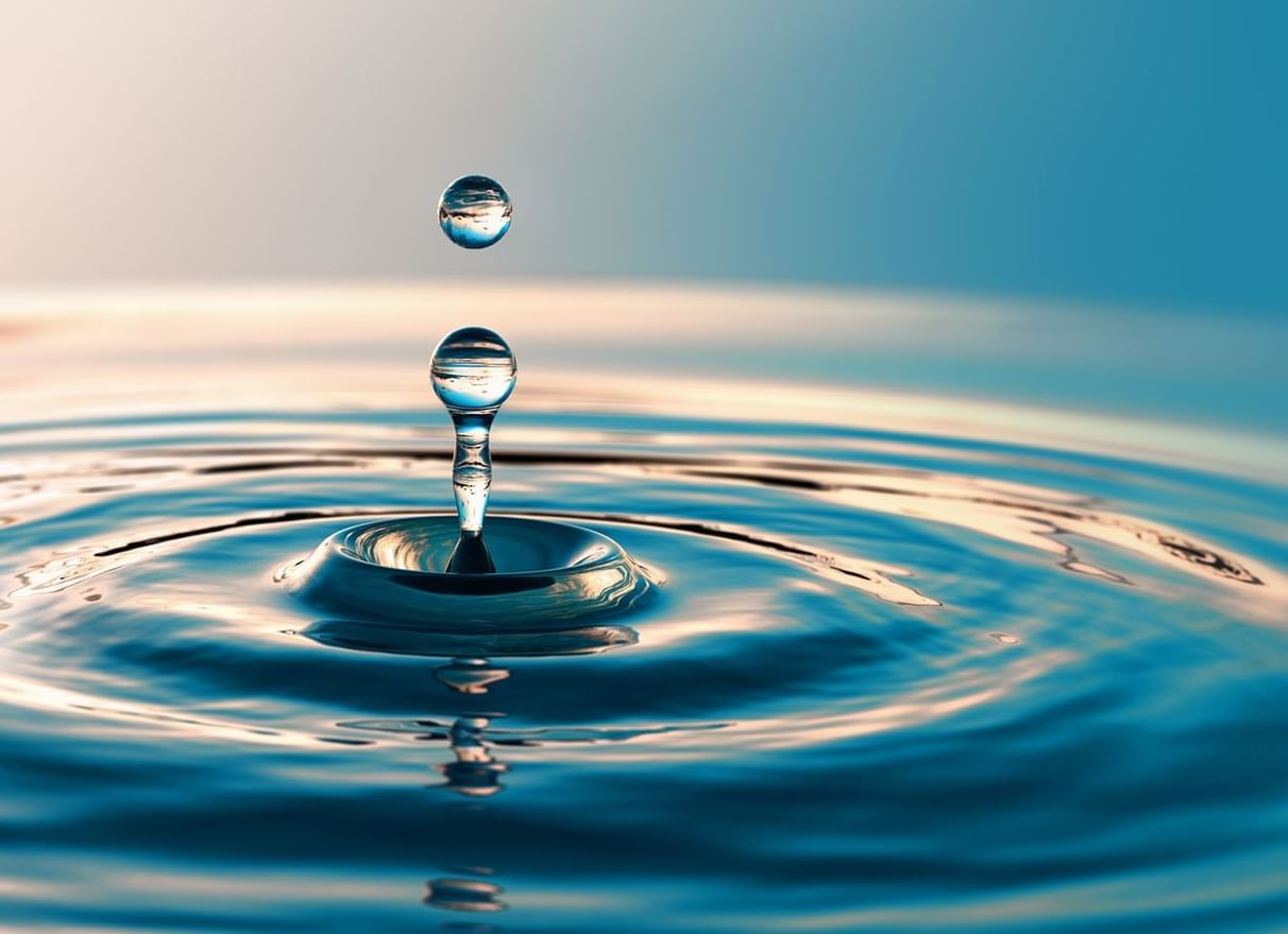 Water droplet creating ripples on a smooth water surface at Warwick Hotels and Resorts