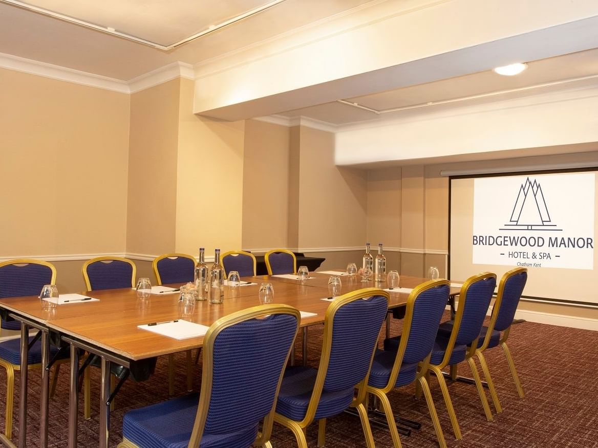 Meeting table set-up in Marston Suite, Bridgewood Manor Hotel