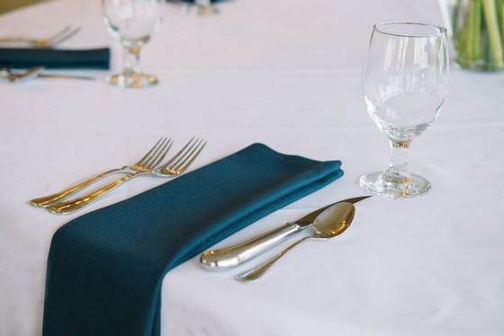 Close-up on a banquet table setup for event at Wolfeboro Inn