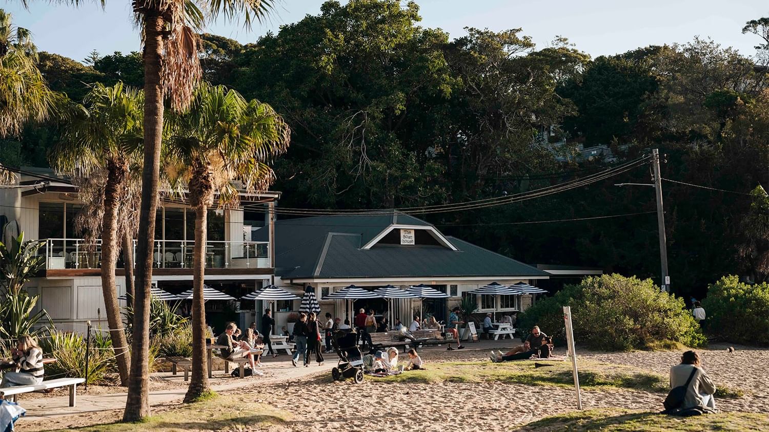 The Boathouse Shelly Beach building by a sandy path under palm trees, surrounding guests near Elysium Manly