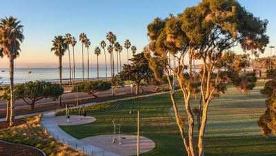 Landscape of park side by ocean at Santa Barbara Inn