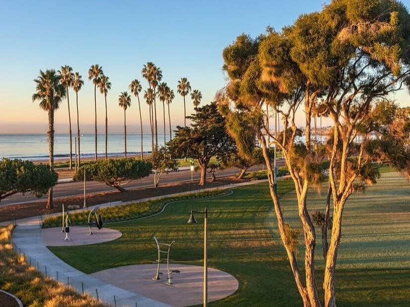 Landscape of park side by ocean at Santa Barbara Inn