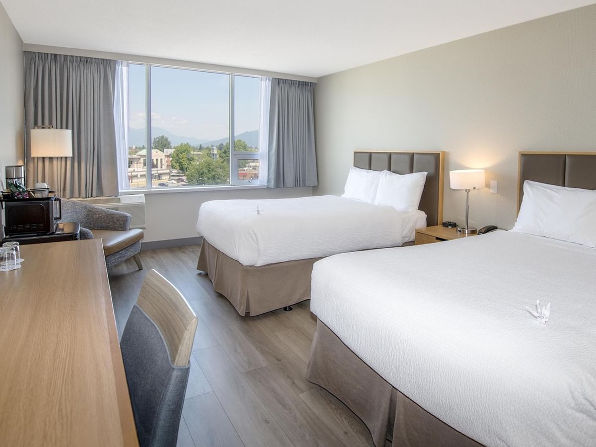 Two queen beds with white linens in a hotel room at Coast Chilliwack Hotel by APA.