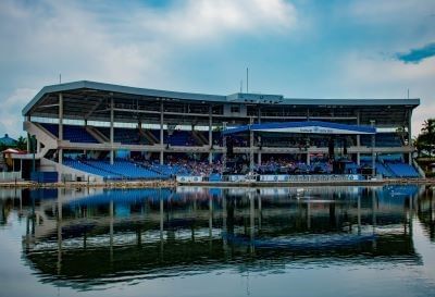 Panoramic view of Bayside Stadium on lightblue sky background at SeaWorld in International Drive area.