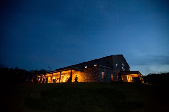 Exterior of Lodges at Gettysburg at night.