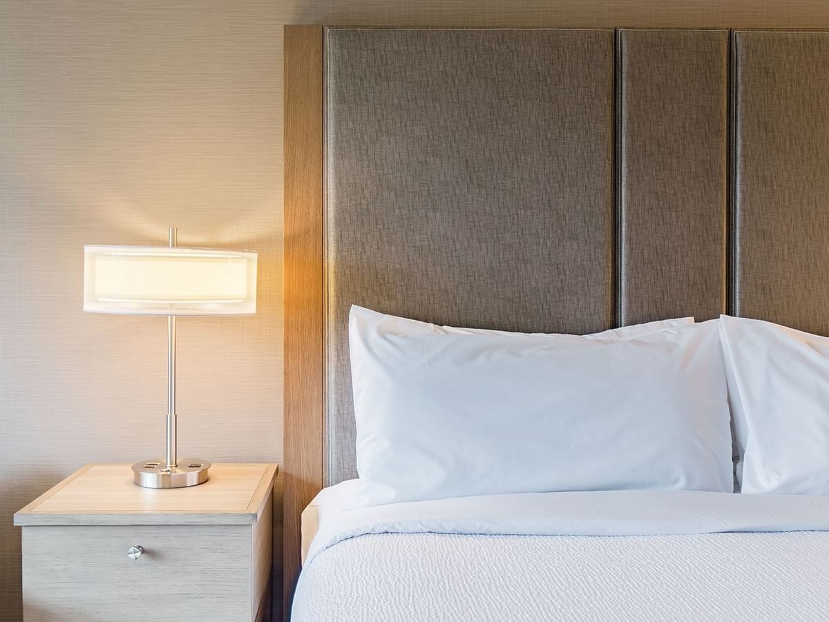 Hotel guestroom with king bed