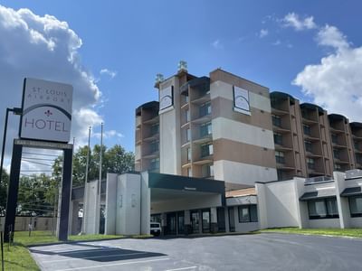 Low-angle view of hotel exterior with motor lobby at St. Louis Airport Hotel